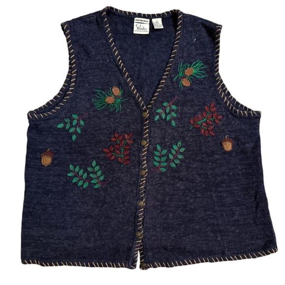 Vintage CJ Banks 1X Hand Embroidered Ramie Cotton Sweater Vest Navy Fall Leaves - Picture 1 of 2
